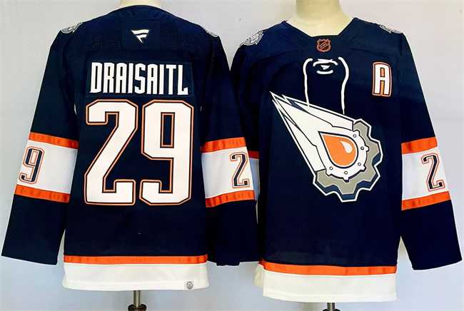 Mens Edmonton Oilers #29 Leon Draisaitl Navy 2024-25 With A Patch Reverse Retro Stitched Jersey